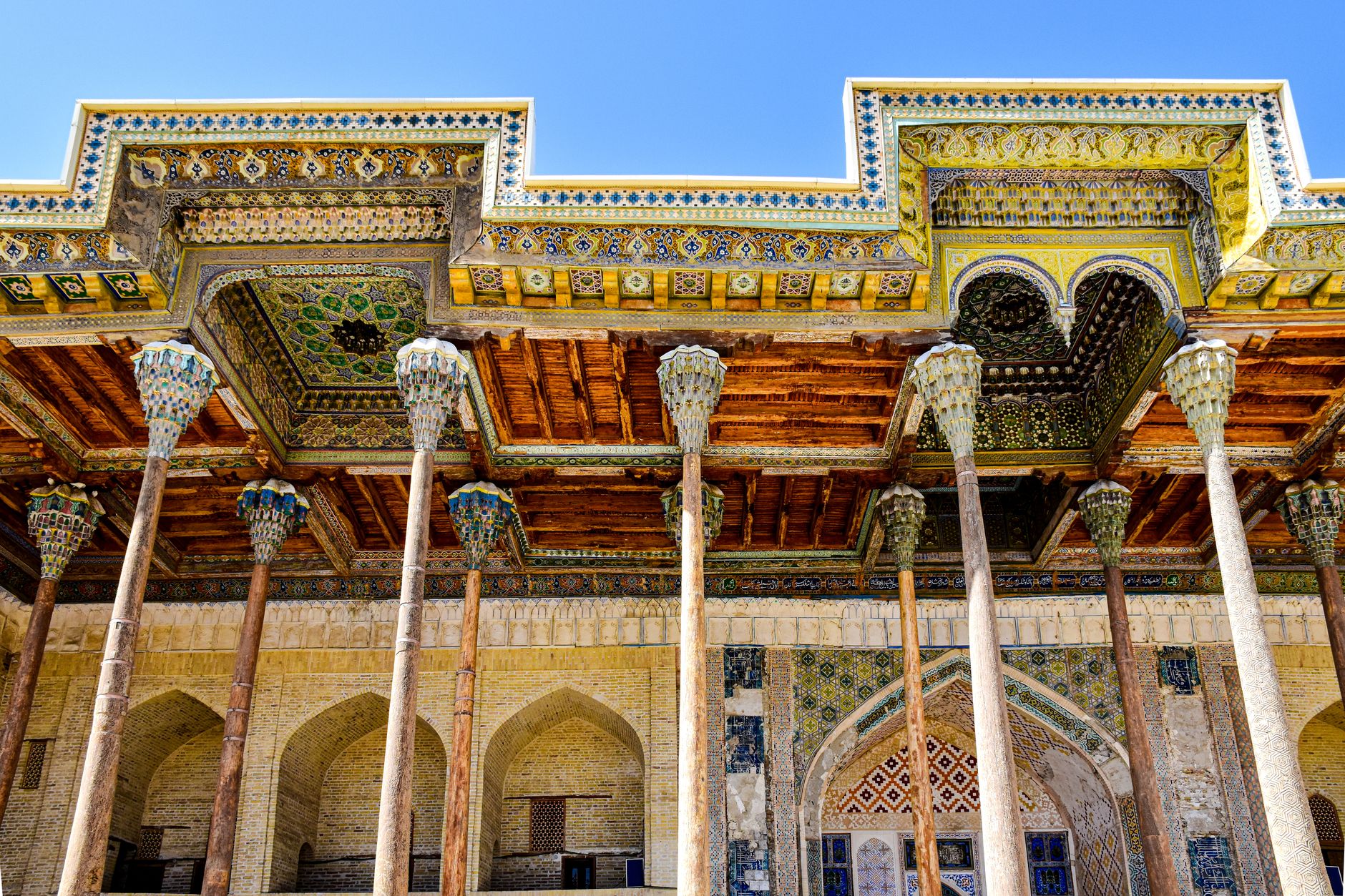 Ornate colonnade of Bolo Haouz Mosque, a UNESCO World Heritage site in Bukhara, Uzbekistan