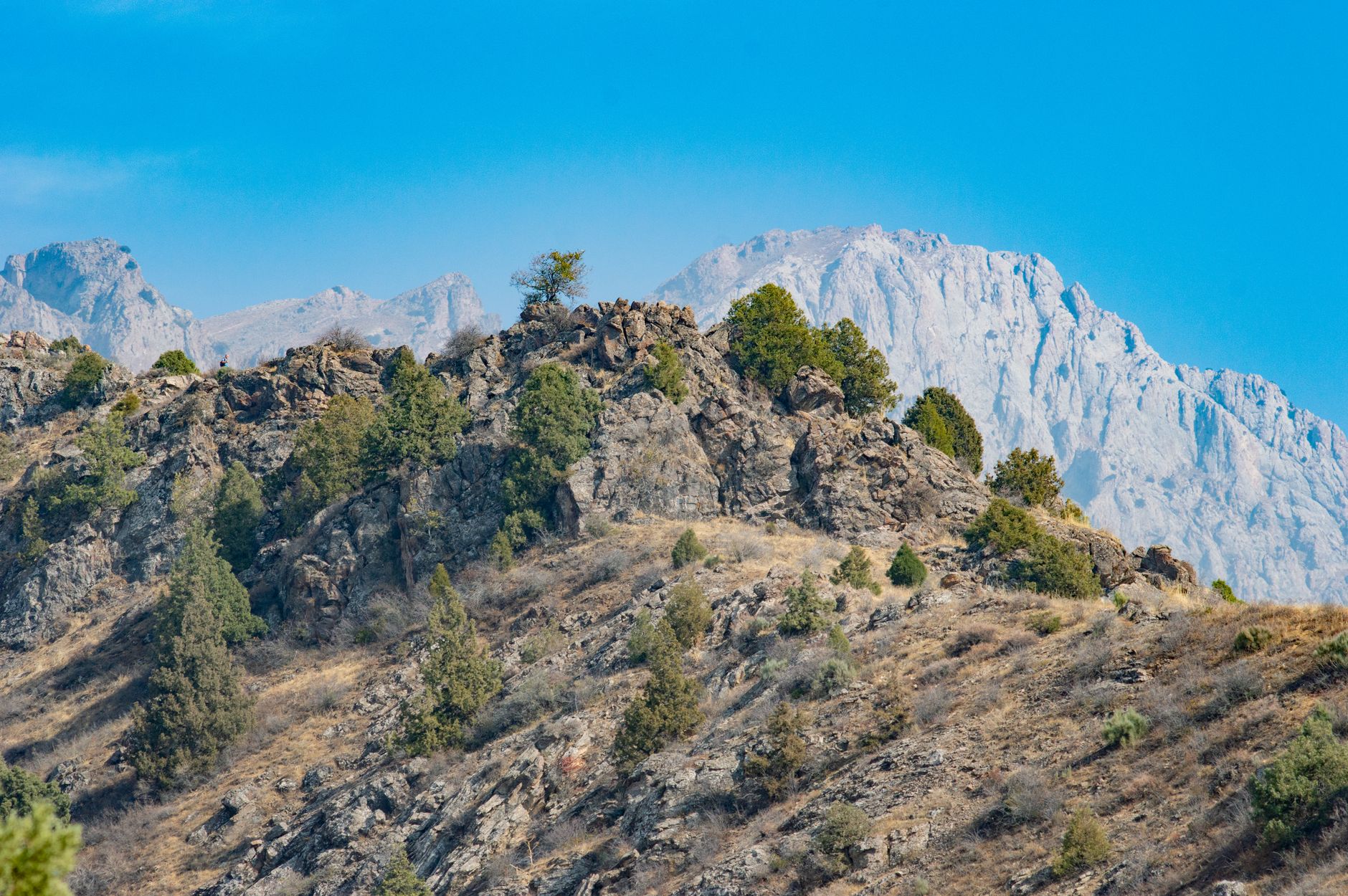 View of the rugged mountain range in Uzbekistan, showcasing rocky terrain · Chimgan & Charvak, Uzbekistan