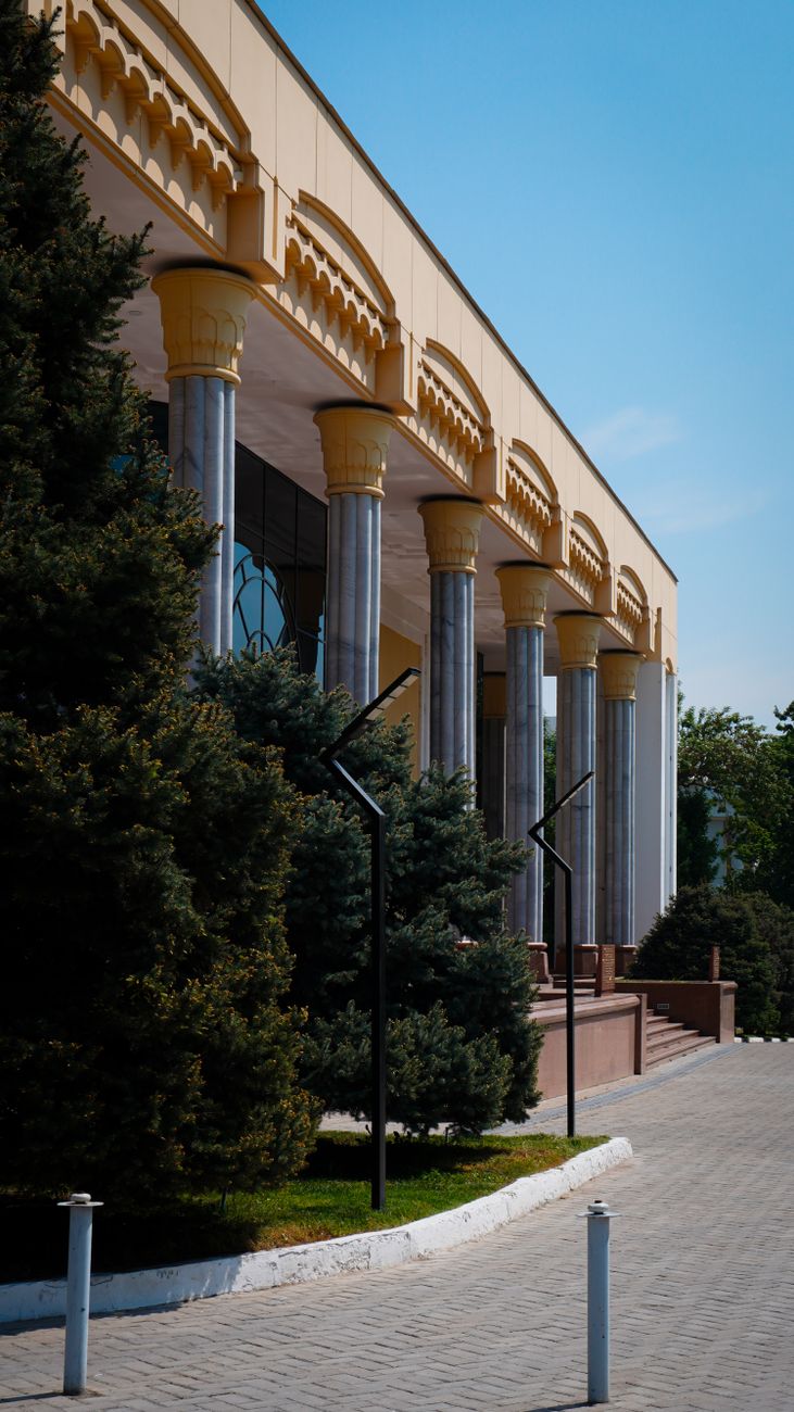 Architectural building with columns in Tashkent, Uzbekistan, captured on a sunny day