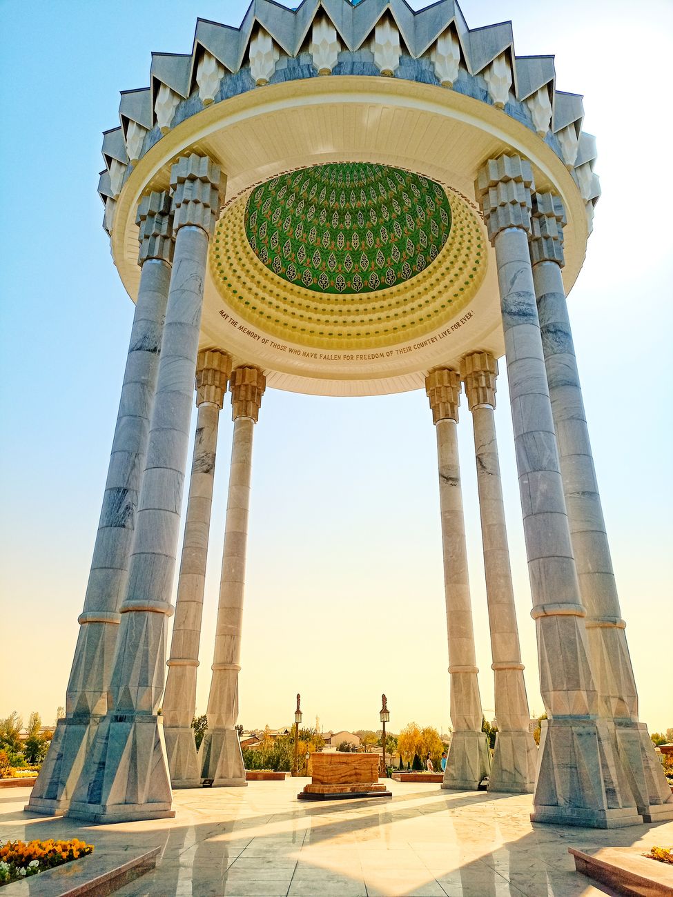 View of a monumental structure with columns in Tashkent, Uzbekistan